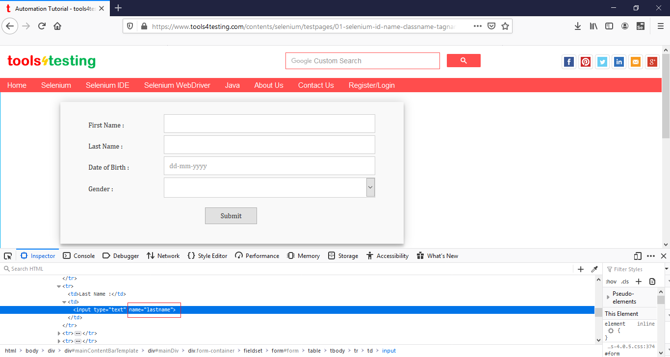 How To Locate Element By Name Locator In Selenium Tools4testing 8874